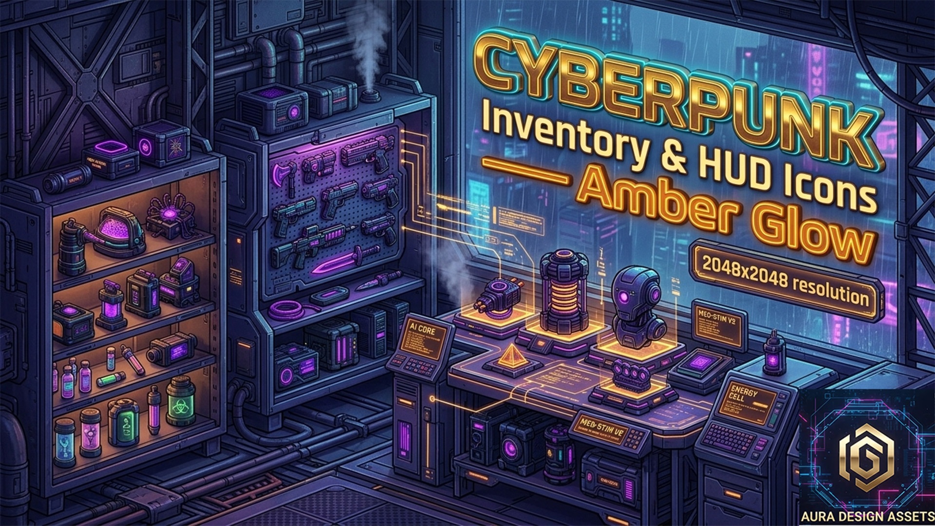 Cyberpunk Inventory & HUD Icons — Amber Glow | Fab