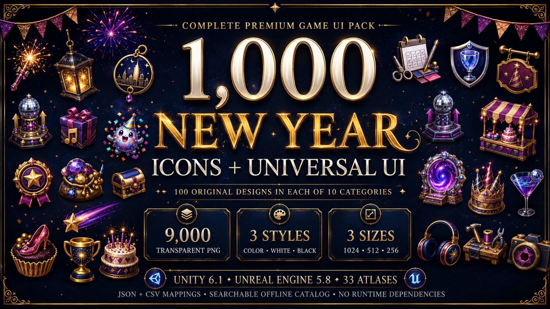 Media 1 for listing 1000 New Year Icons + Universal Game UI