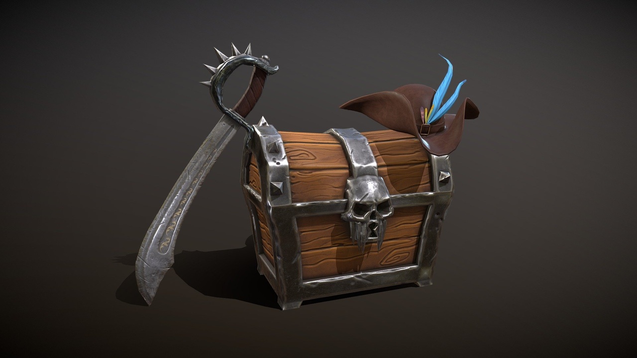 Media 1 for listing Pirate chest, hat, saber sword stylized handpainted game asset diorama