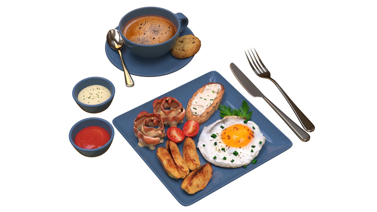 Media 1 for listing Breakfast with fried egg bacon and coffee 02