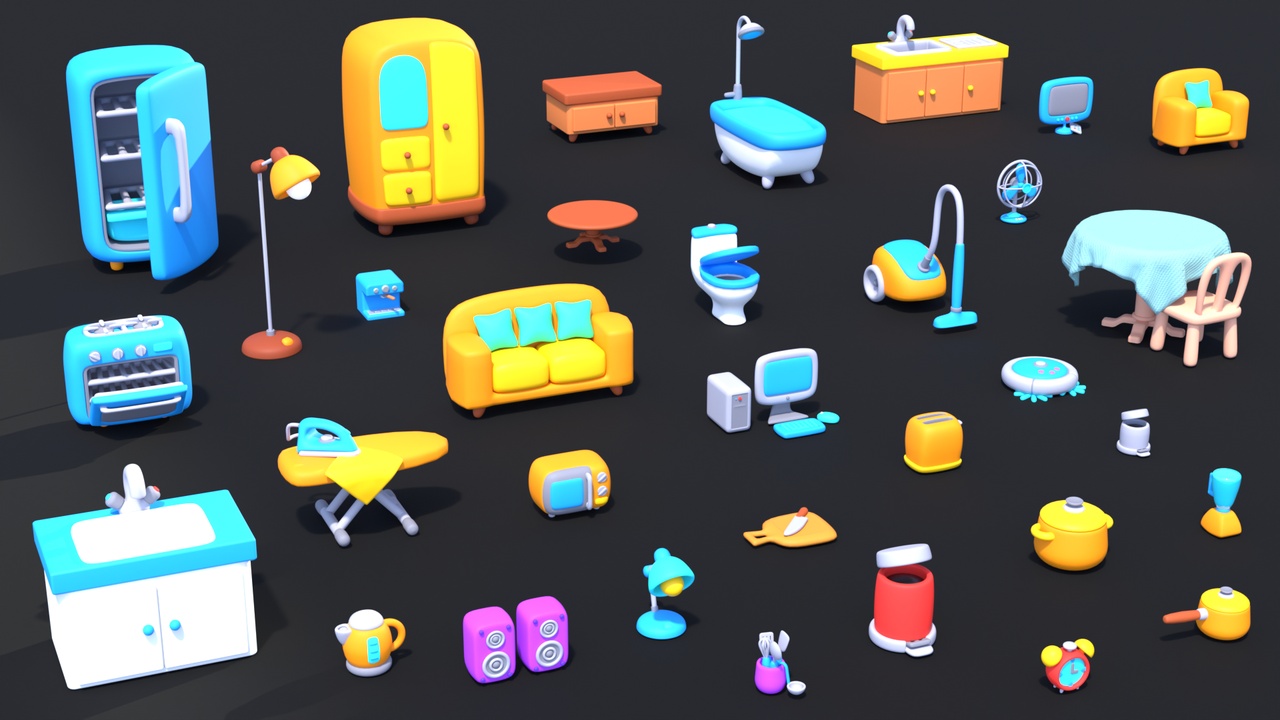 Media 1 for listing Stylized Home Interior Props Pack- Furniture & Appliances Bundle