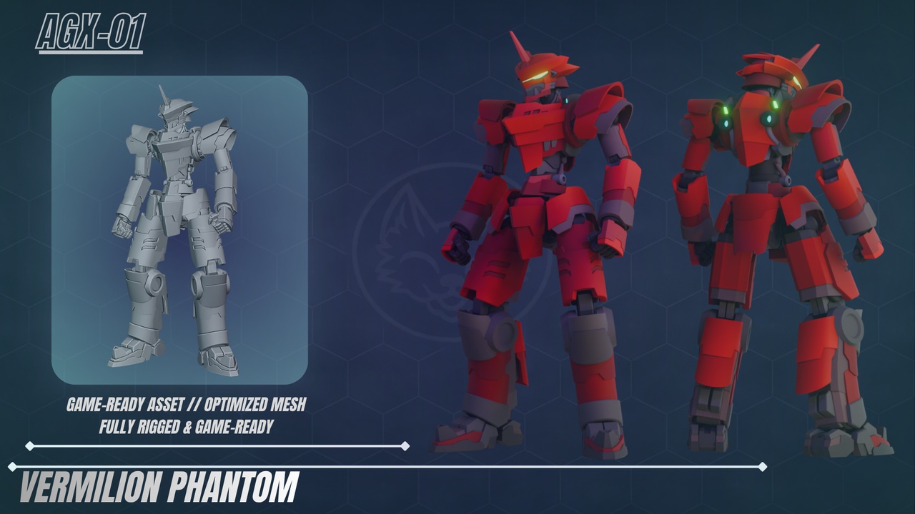 Media 1 for listing Vermilion Phantom - Stylized Low-Poly / Mid-Poly Mecha Asset (Rigged)