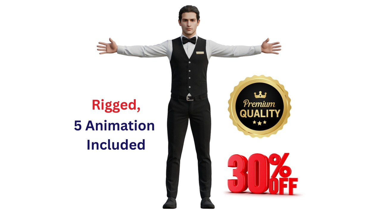 Media 1 for listing Realistic Rigged Male Valet Parking Attendant Character - 5 Animations PBR