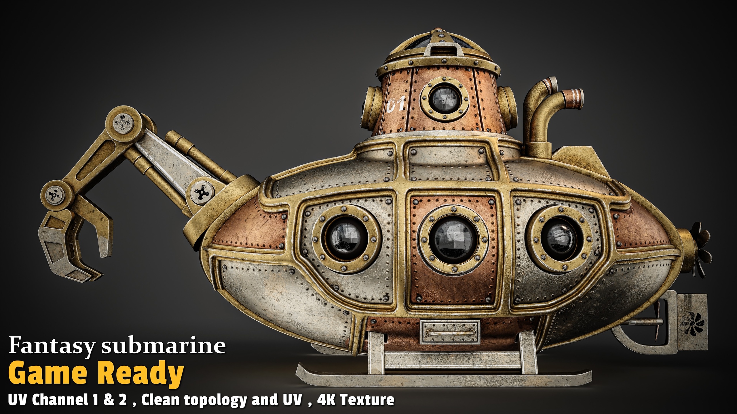 Media 1 for listing Steampunk Submarine- Game-Ready 3D Asset (UDIM / 4K Textures)