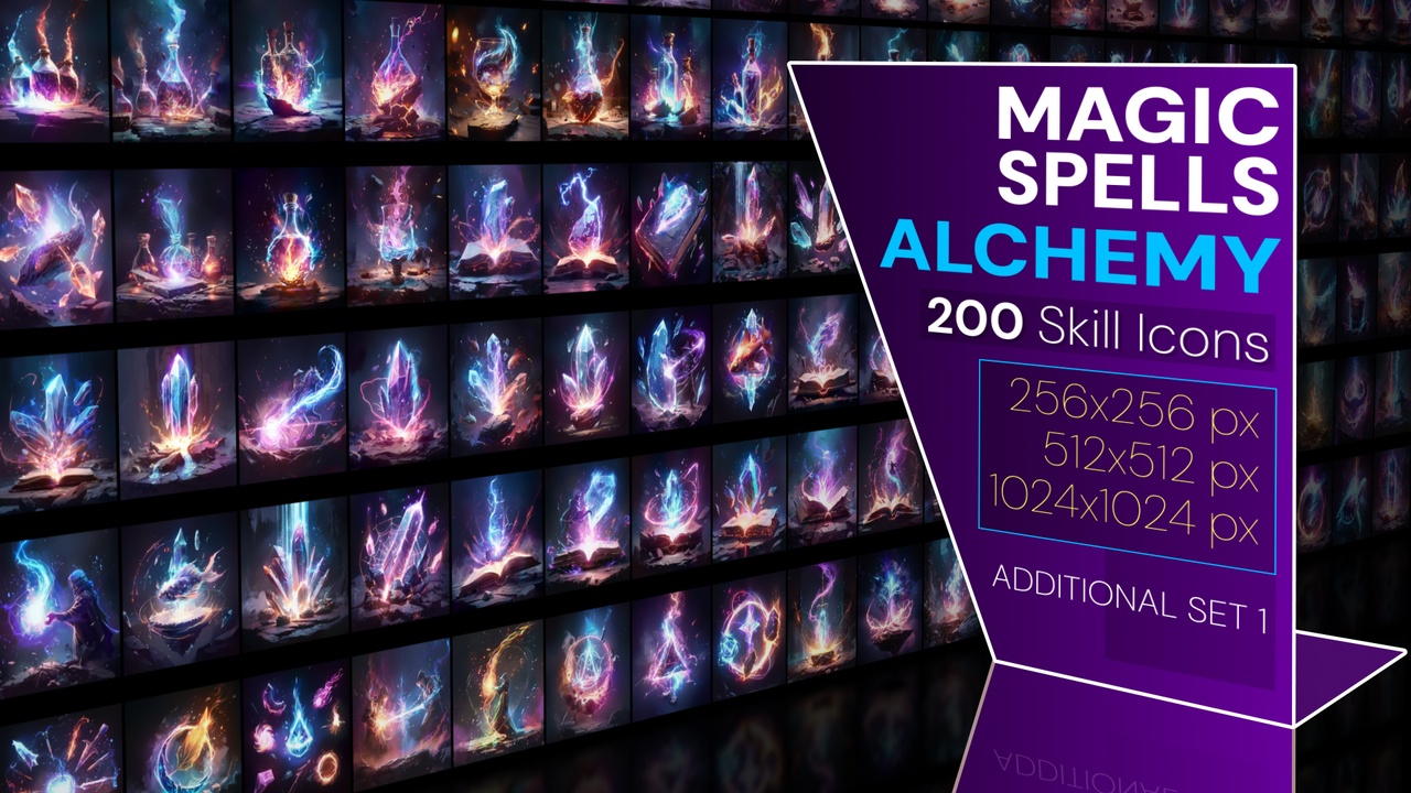Media 1 for listing 200 additional magical spell icons themed around - Alchemy. Pack 1