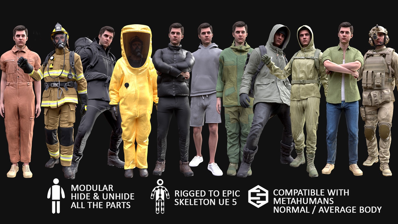 Media 1 for listing Male Clothing Collection for Metahuman - Male MH & UE5 Skeletons - Rigged