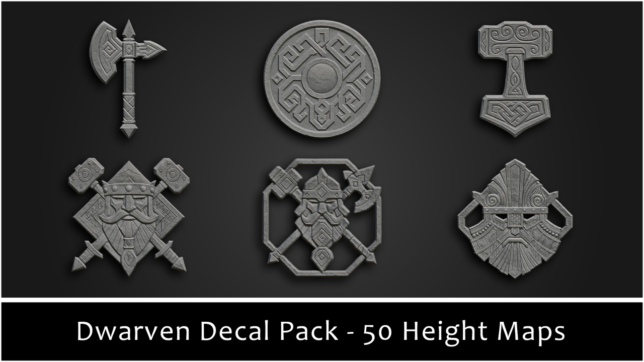 Media 1 for listing 3DT Dwarven Decal & Stamp Pack — 50 Dwarven Height Stamps for Blender, Substance
