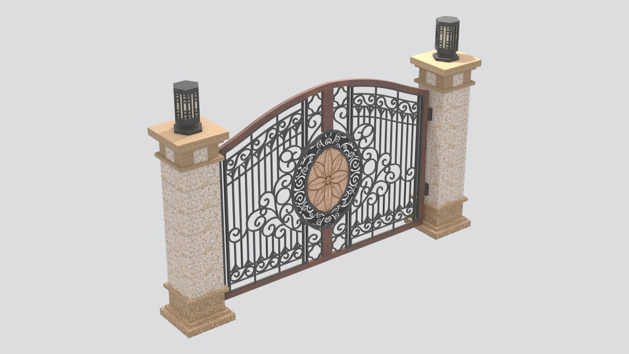 Media 1 for listing Arched Iron Gate with Floral Medallion and Lantern Pillars 3D Model