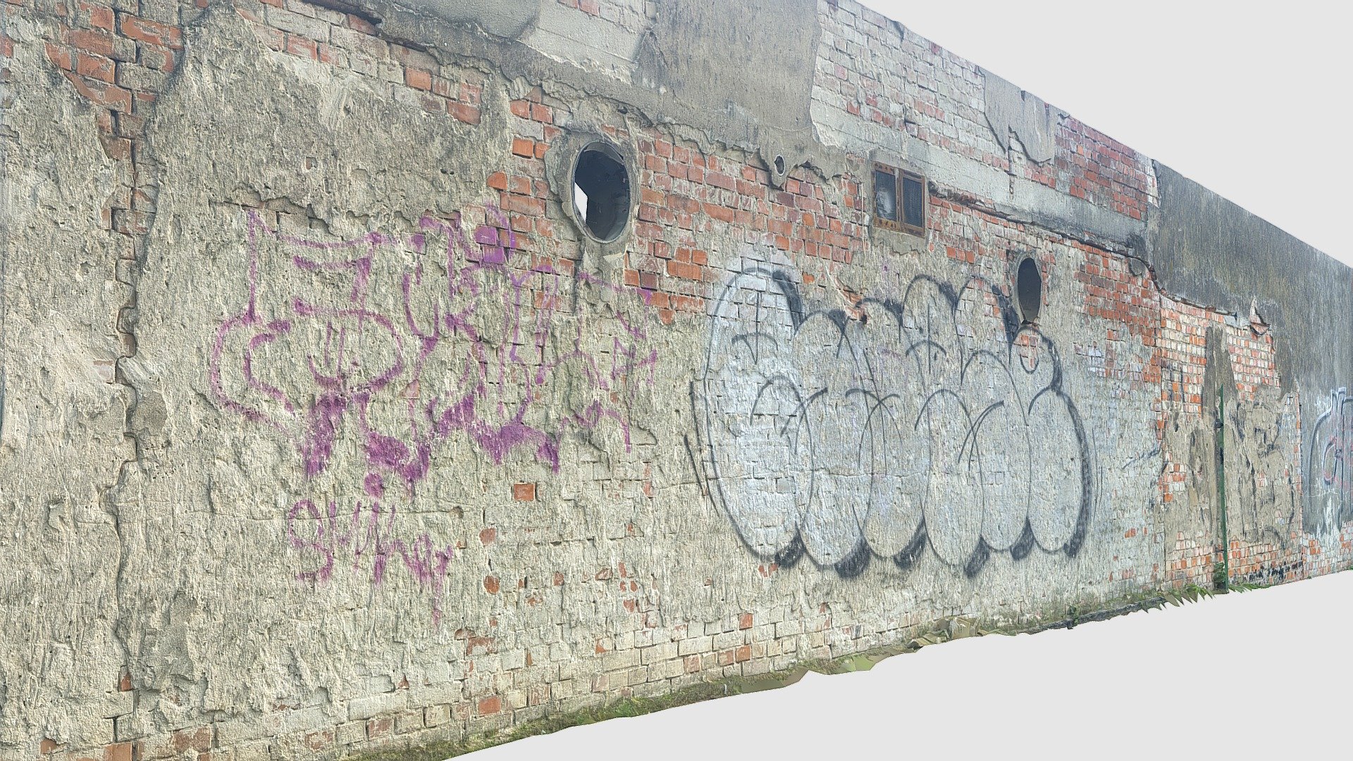 Quite long brick wall with damaged plaster | Fab