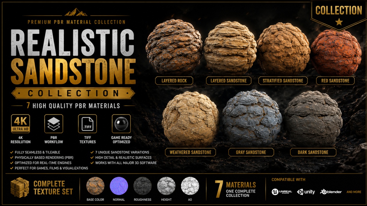 Media 1 for listing Realistic Rock Collection – 7 Premium 4K PBR Materials