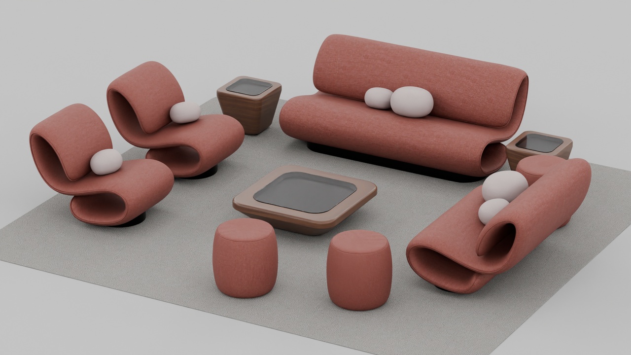 Media 1 for listing Ribbon Sofa Set Furniture with Pebble Pillows and Glass with Wooden Tables
