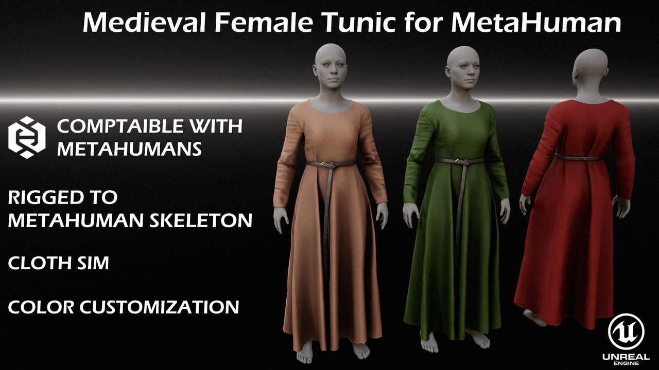 Media 1 for listing Medieval Female Tunic for MetaHuman