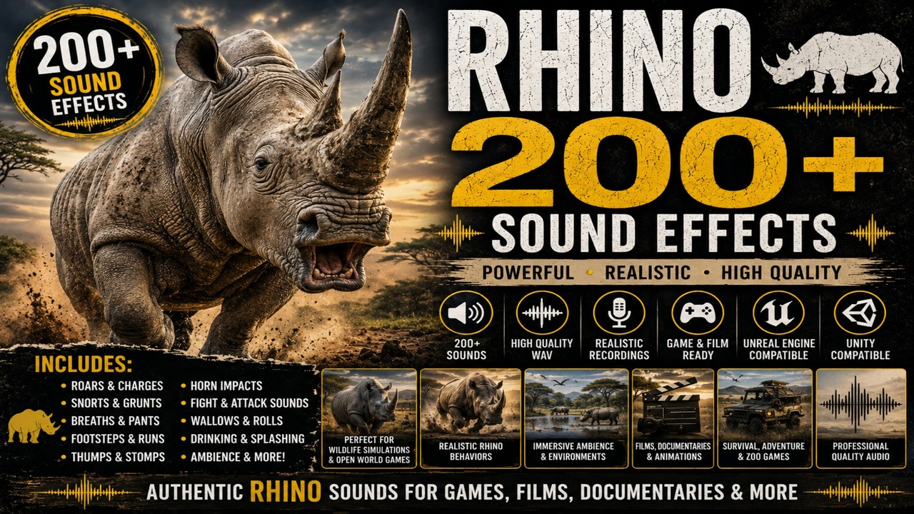 Media 1 for listing Rhino Sounds 200+ Sound Effects FX – Rhinoceros Grunts, Snorts, Growls