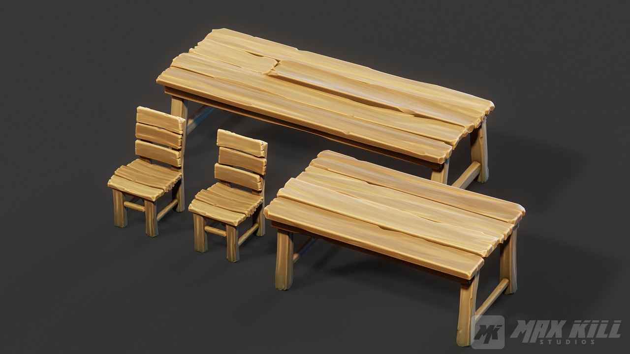Media 1 for listing Stylized Medieval Wooden Tables & Chairs Set