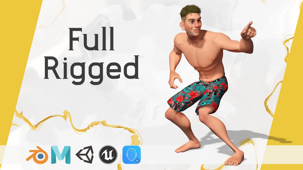 Media 1 for listing Cartoon young man in Swimming Trunks semi-realistic rendering