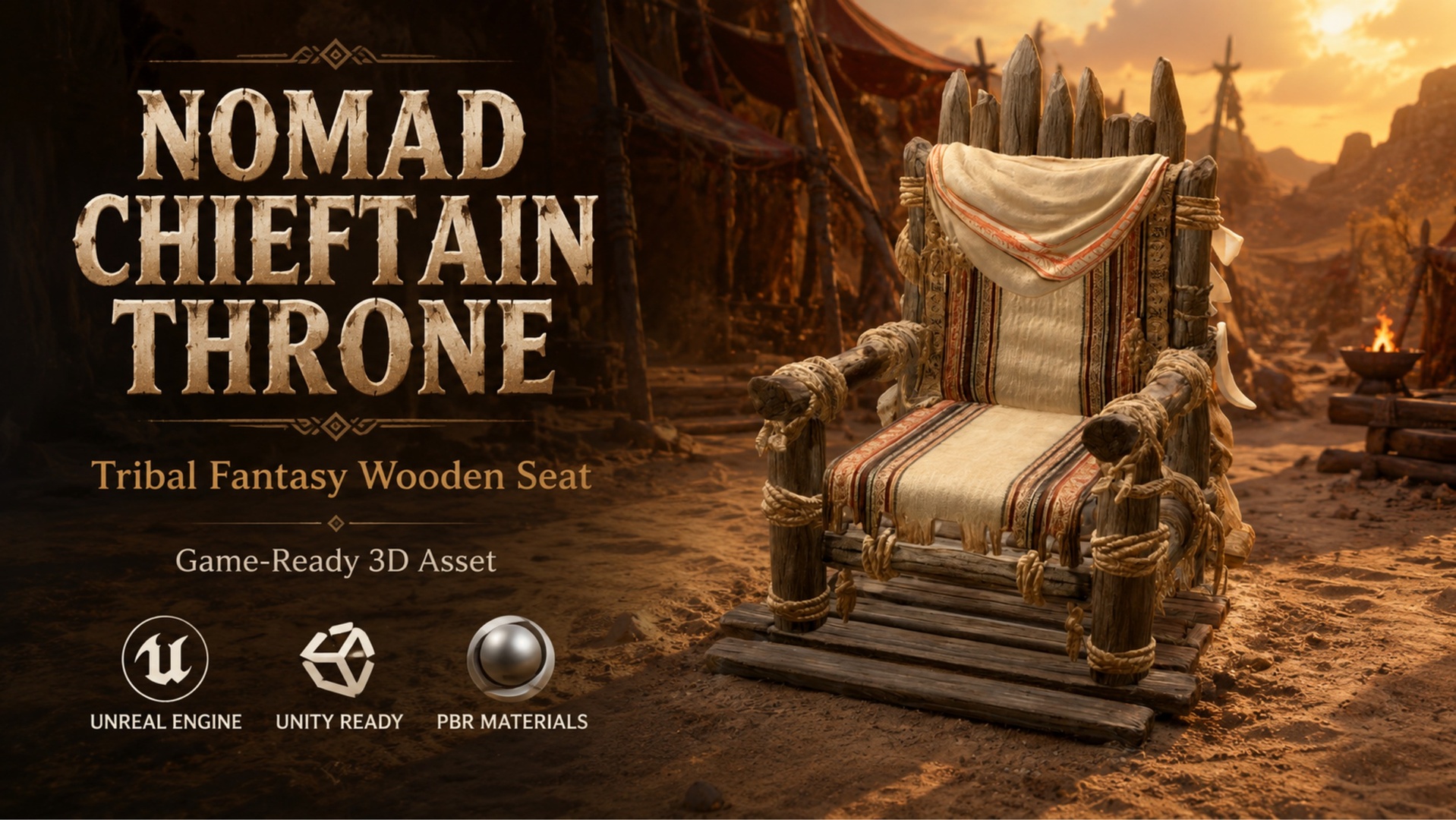 Media 1 for listing Nomad Chieftain Throne – Tribal Fantasy Wooden Seat