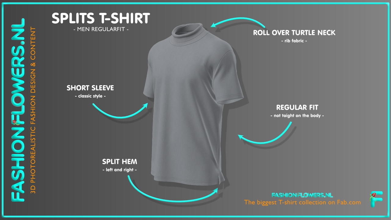 Media 1 for listing Gray Colour Roll Neck T-shirt | Short Sleeves | Side Seam Splits | Turtle Neck
