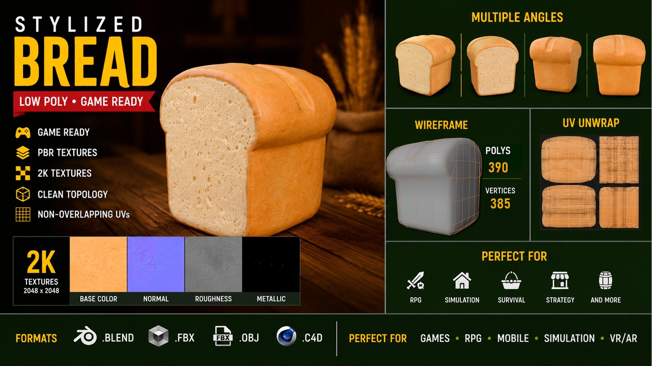 Media 1 for listing Stylized Bread Loaf | Low Poly 3D Game Ready Food Asset