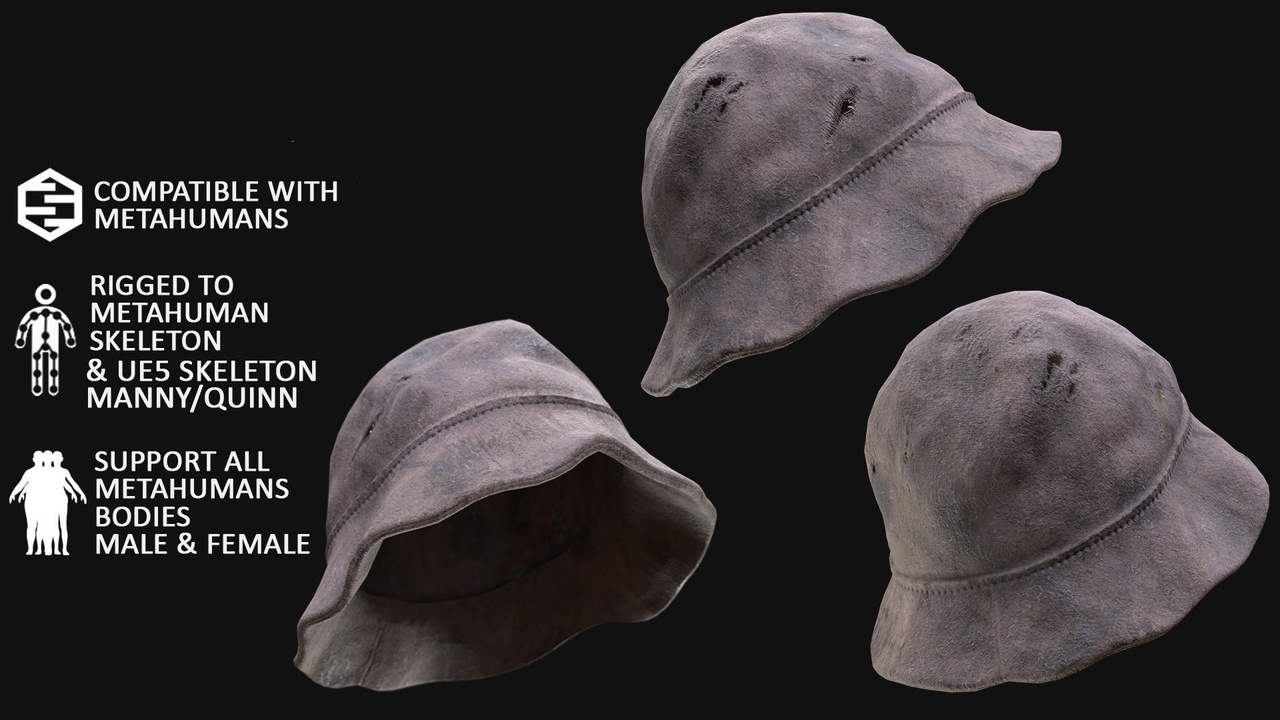 Media 1 for listing Medieval Peasant Hat for Metahuman 3D model - MH & UE5 Skeletons - Rigged