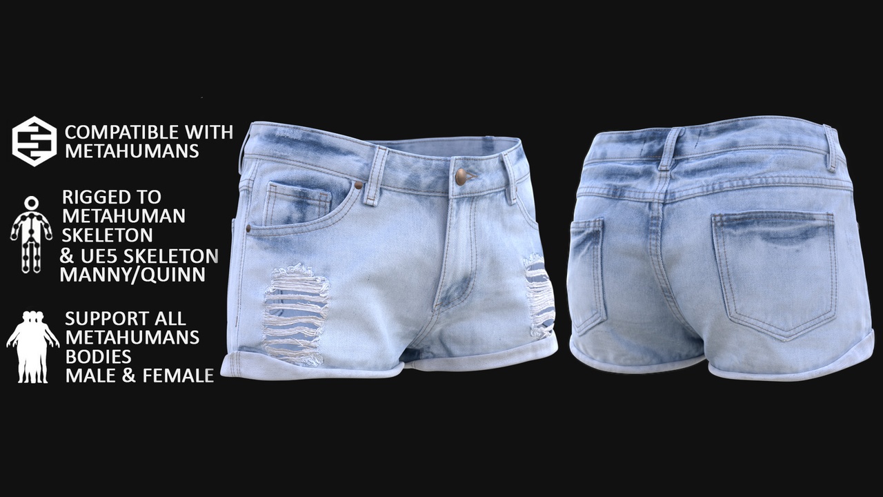 Media 1 for listing Denim Shorts Metahuman 3D model 85 - MH & UE5 Skeletons - Rigged