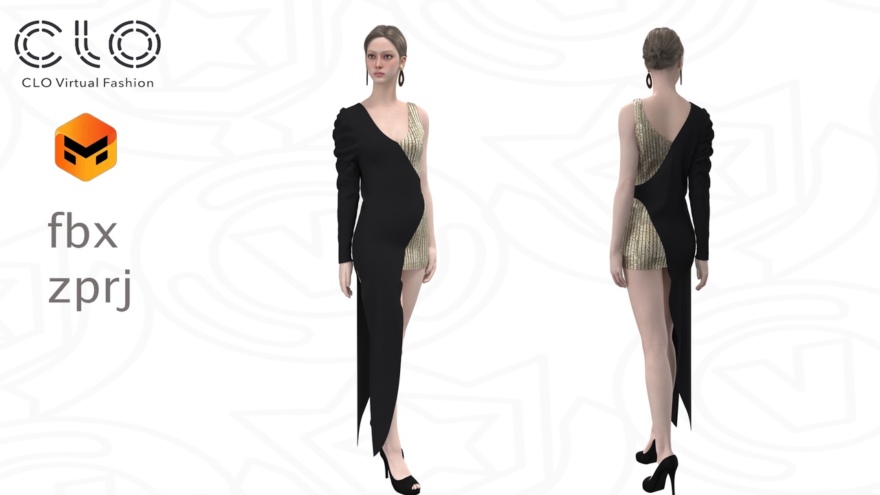 Media 1 for listing One shoulder dress -  CLO 3D / Marvelous Designer Project (.ZPRJ + FBX)