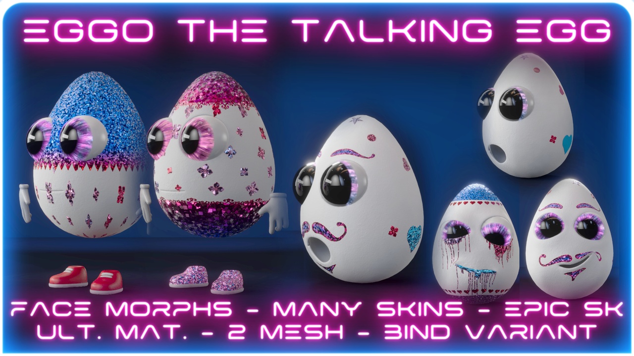 Media 1 for listing Eggo the Talking Egg, face morphs, epic skeleton, skins and ultimate material