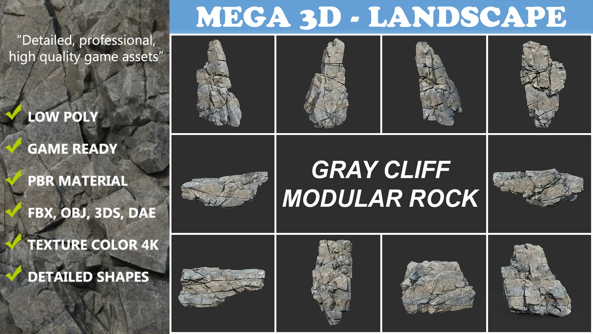 Low poly Gray Cliff Modular Rock 211219 | Fab