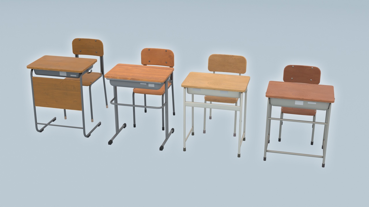 Media 1 for listing Japanese School Furniture Pack – Student Desk & Chair Vol.1/ 日本の学校家具 Vol.1 － 机・椅子