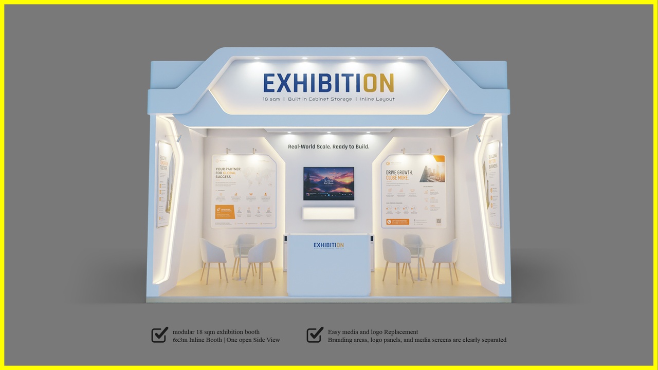 Media 1 for listing Modular 18 Sqm Exhibition Stand: Built in Cabinet Storage | Inline Space