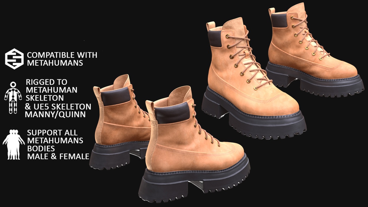 Media 1 for listing 3D Boots Model 71 for Metahumans - All MH Bodies & UE5 Skeletons - Rigged