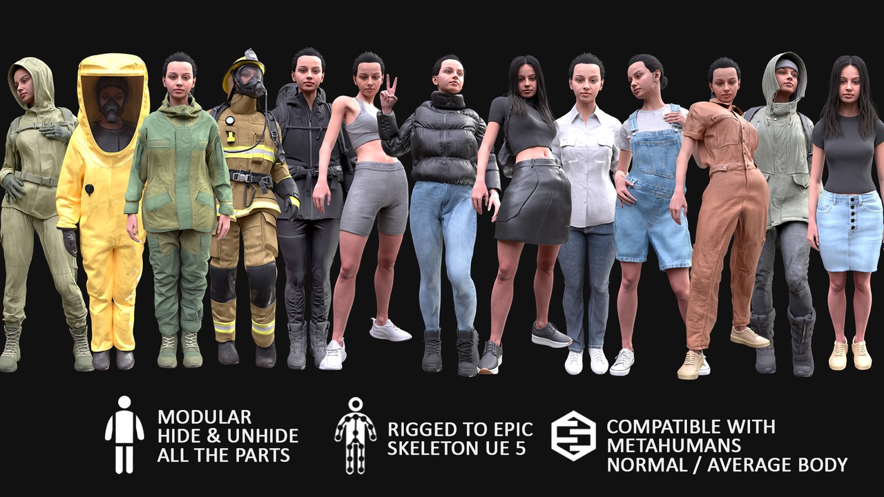 Media 1 for listing Female Clothes Collection Metahuman 3D model - MH & UE5 Skeletons - Rigged