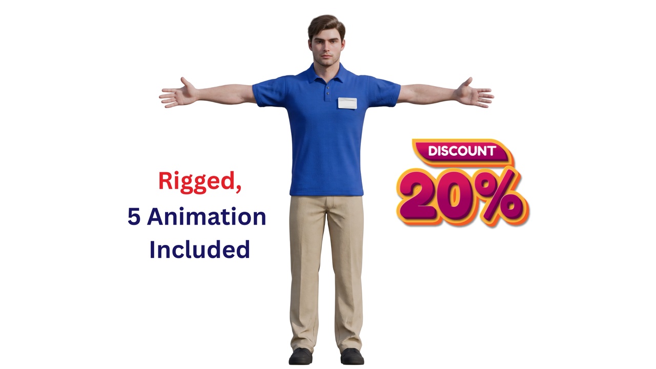 Media 1 for listing Realistic Rigged Male Retail Worker Store Employee - 5 Animations PBR Game Ready