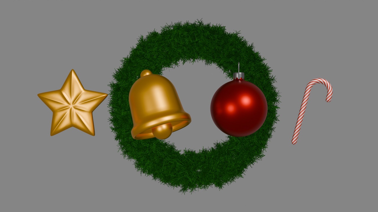 Media 1 for listing Christmas 3D Asset Pack Wreath Bell Ornament Candy Cane and Star