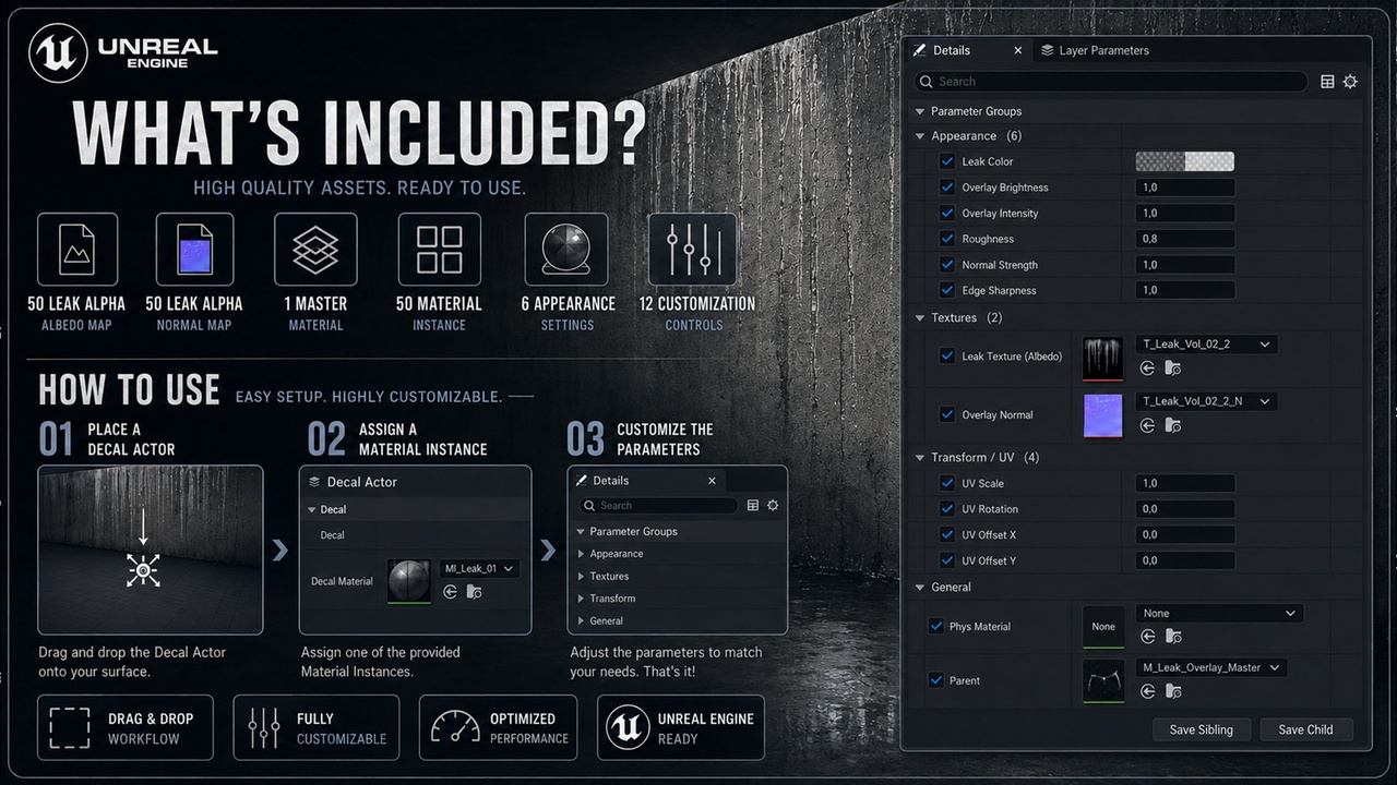 Media 1 for listing 50 Realistic Leak Decals Vol. 02 – 4K Customizable Smart Material Pack