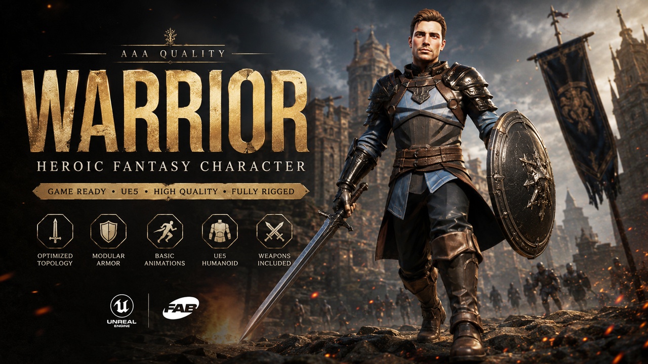 Media 1 for listing Stylized Fantasy Warrior | UE5 Mannequin Rig | Customizable Colors