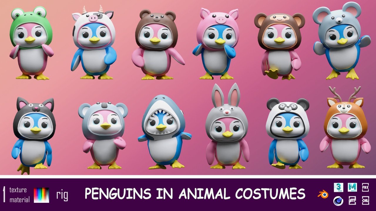 Cartoon penguins in animal costumes - Low-poly asset pack 제품 등록을 위한 미디어 1개