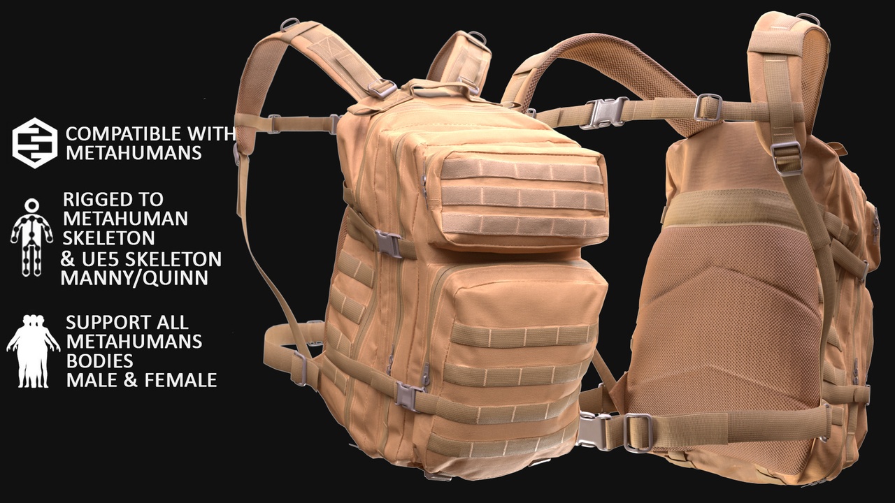 Media 1 for listing Tactical Backpack for Metahuman 3D model 13 - MH & UE5 Skeletons - Rigged