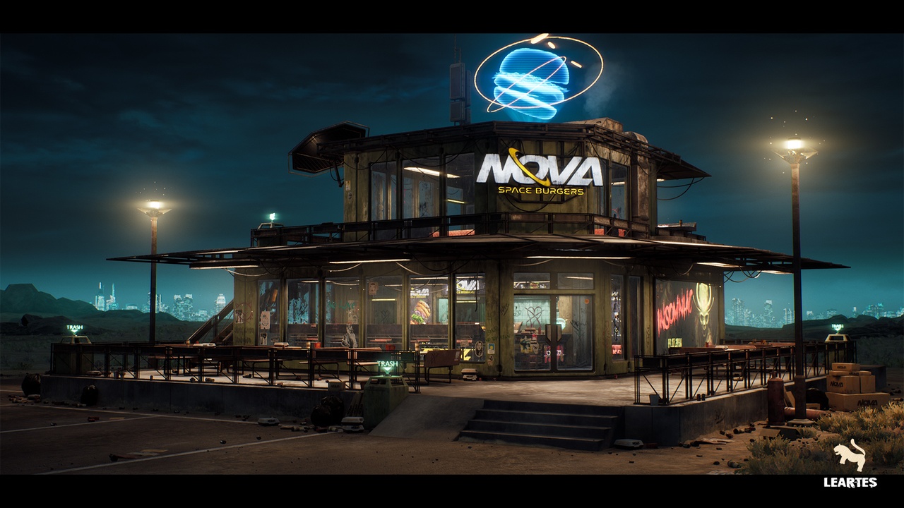 商品 Nova Space Burgers / Cyberpunk Abandoned Restaurant / Space Bar Cyberpunk Art 的媒体 1