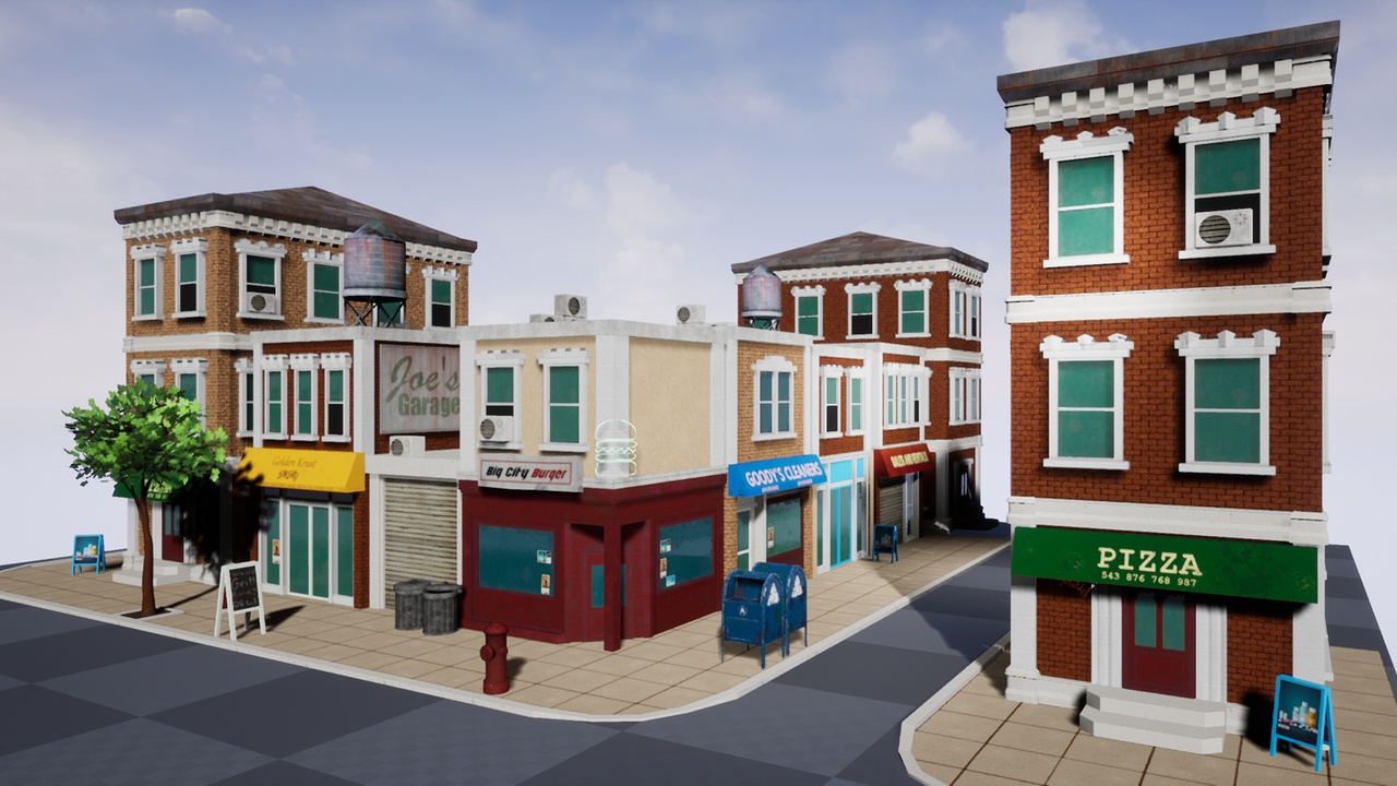 Media 1 for listing Stylized Modern Western City Street Environment Props and Buildings Pack