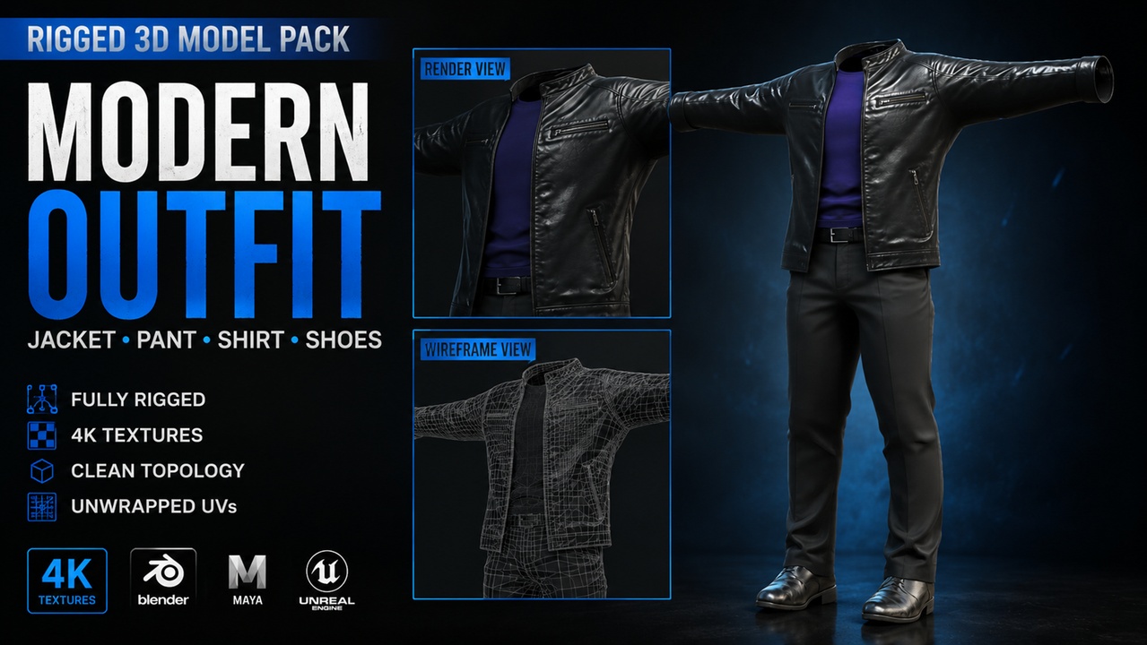 Media 1 for listing Modern Rigged Outfit Pack – Leather Jacket, Shirt, Pants & Shoes | Game Ready