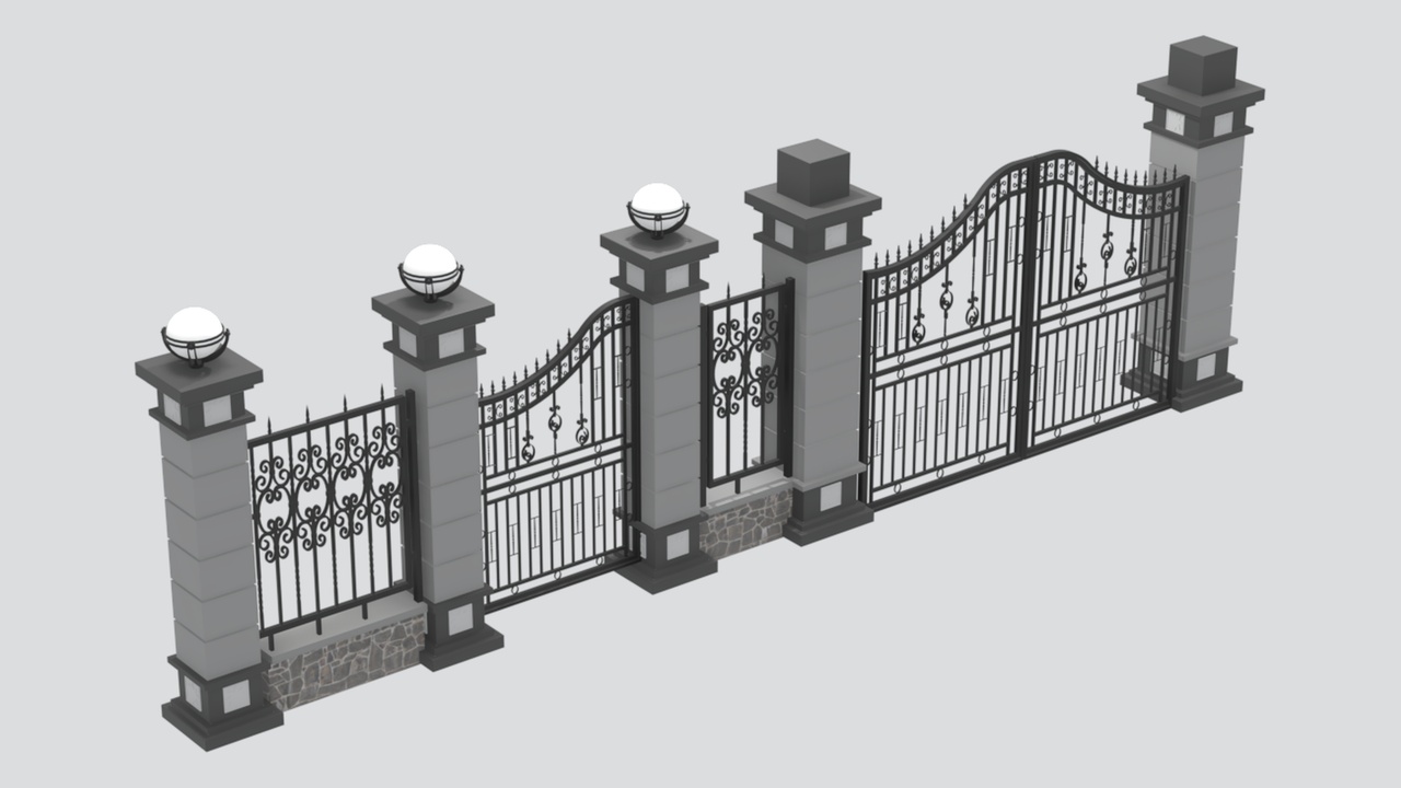 Media 1 for listing Wrought Iron Estate Entrance with Stone Pillars and Fences 3D Model