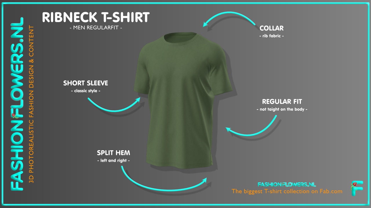 Media 1 for listing Green Colour T-shirt Short Sleeves | Rib Tape Round Neck | Sideseam Splits