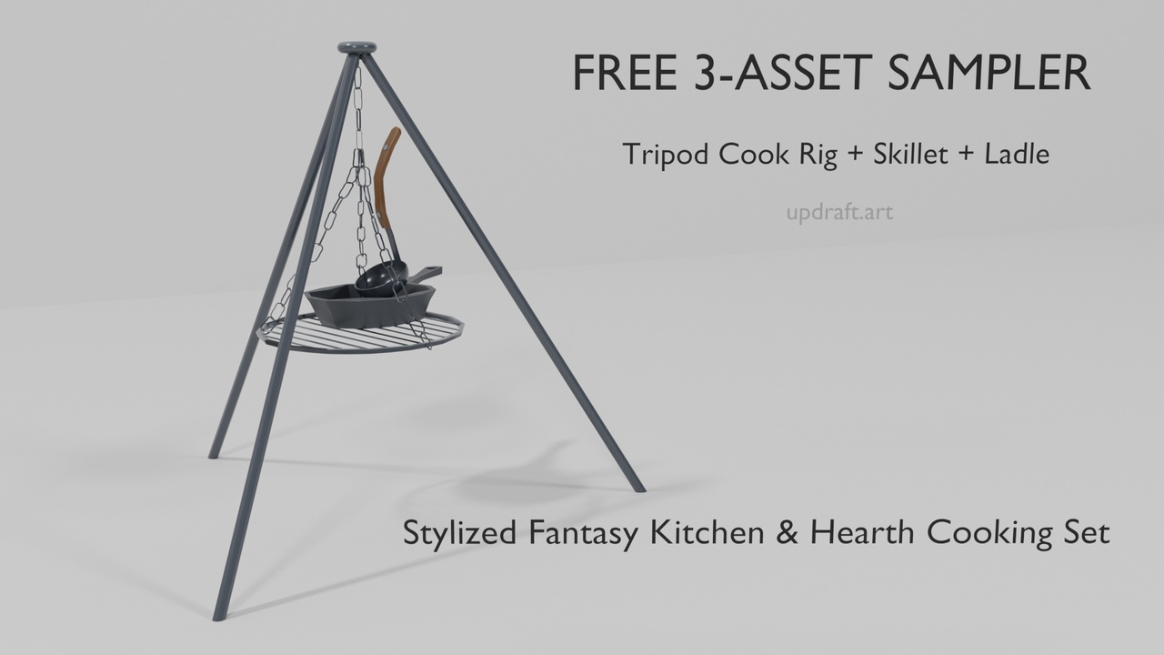 Media 1 for listing FREE 3-Asset Sampler — Tripod Cook Rig + Skillet + Ladle (Stylized Fantasy)