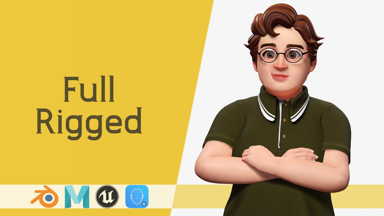 商品 Nerdy Guy with Glasses and Curly Hair Stylized 3D 的媒体 1