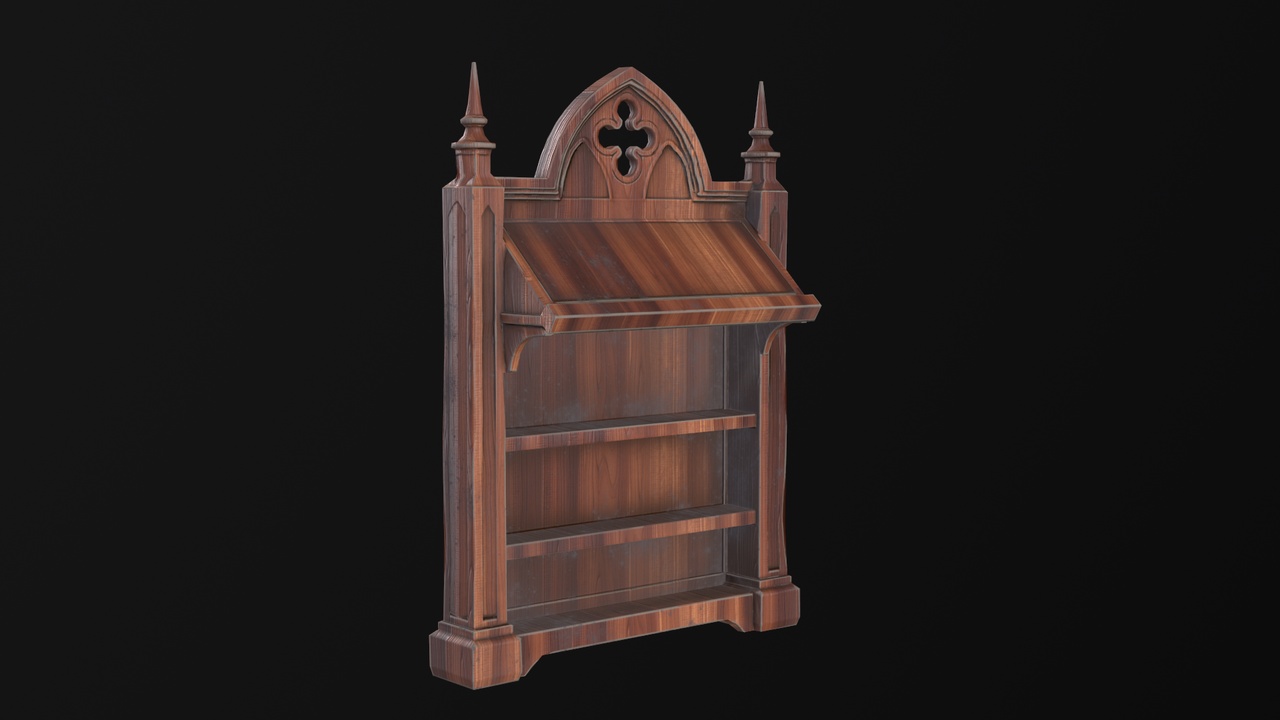 Media 1 for listing Stylized Gothic Bookshelf – Game Ready Wooden Shelf