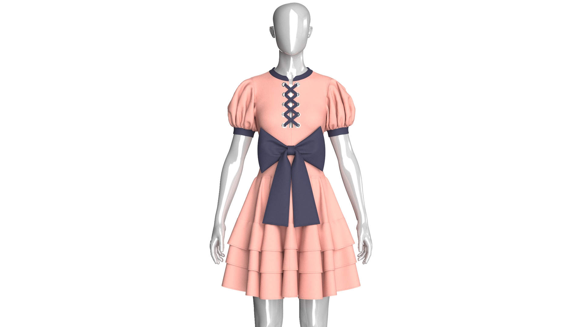 Media 1 for listing Girls Front Lace - Up Puff Sleeve Tiered Mini Dress | High Poly