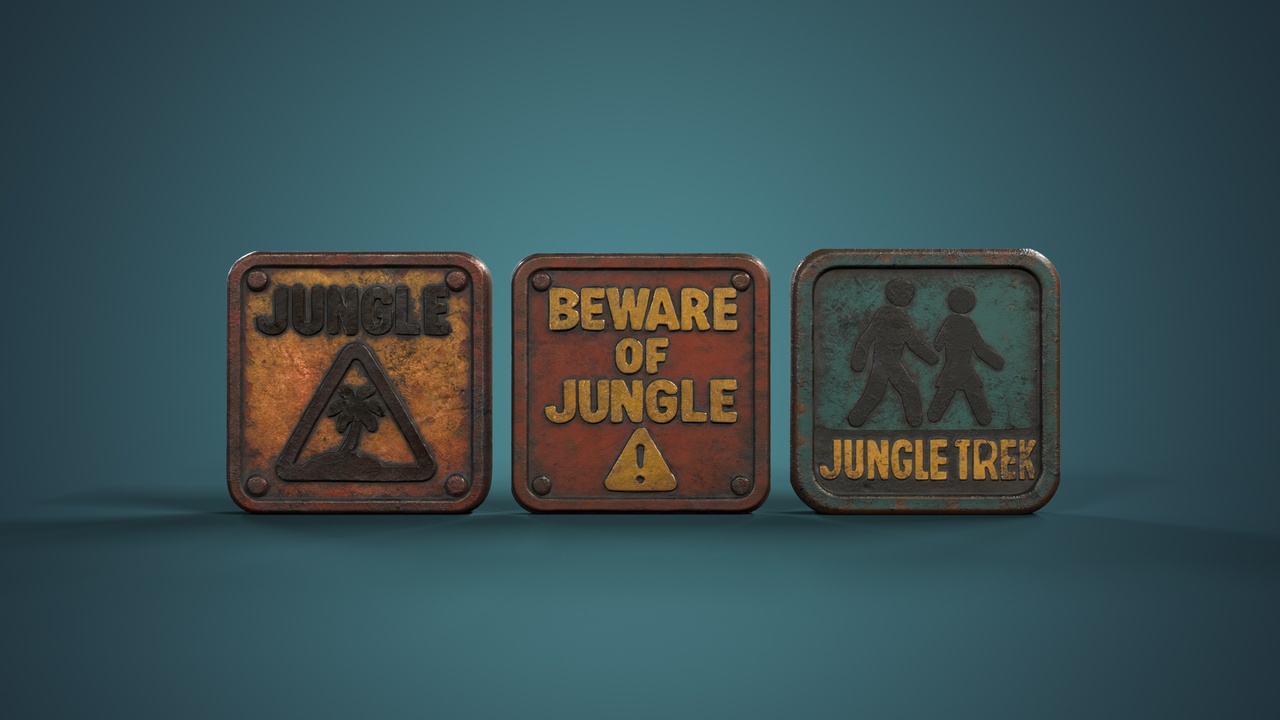 Media 1 for listing Vintage Jungle Warning Signs Pack – 18 Stylized Rusty Metal Signs (Game Ready)