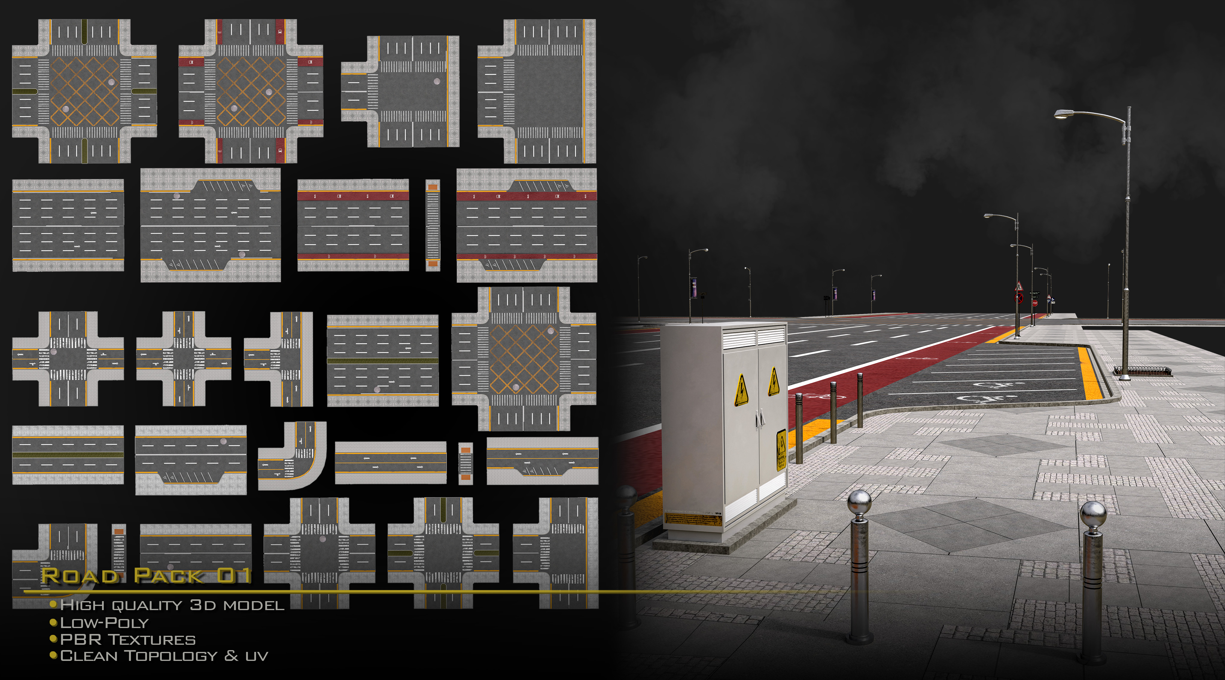 Road Pack Set 01/LowPoly/GameReady | Fab