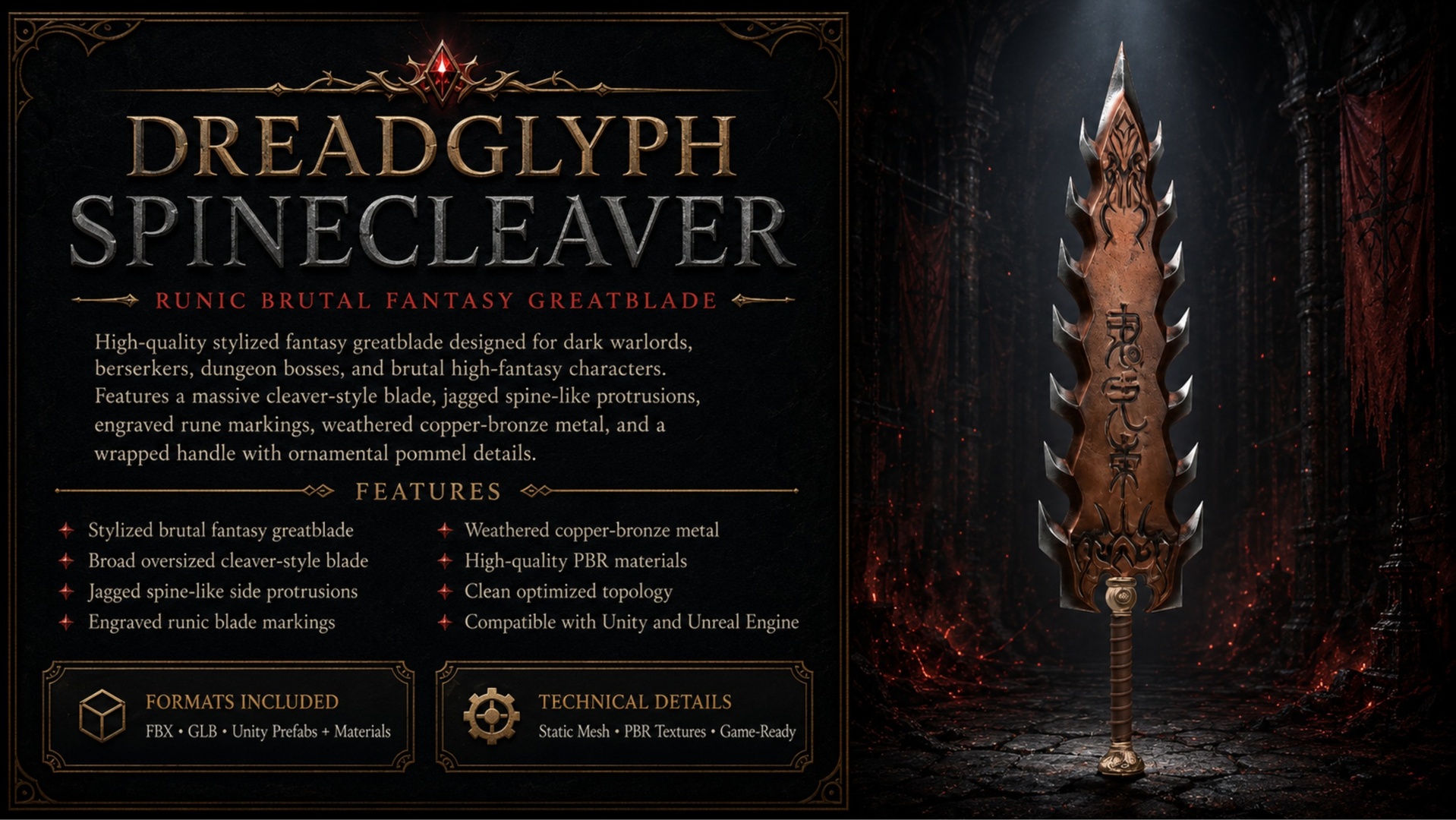 Media 1 for listing Dreadglyph Spinecleaver – Runic Brutal Fantasy Greatblade