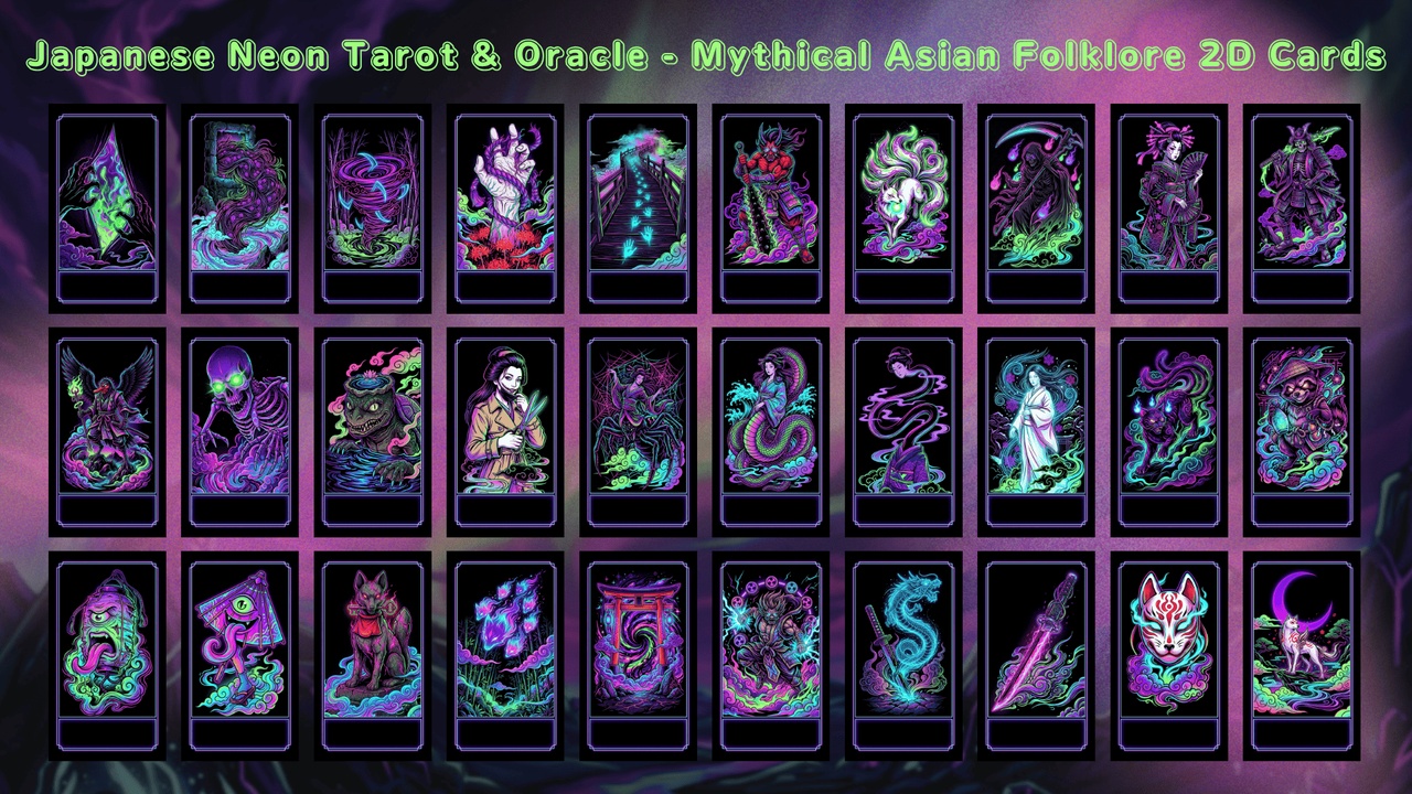 Media 1 for listing Japanese Neon Tarot & Oracle - Mythical Asian Folklore 2D Cards